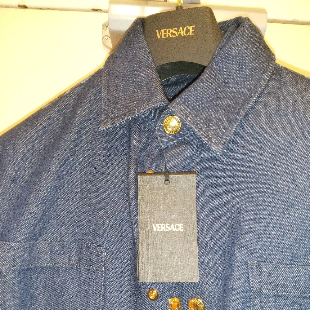 Versace Men's Indigo Shirt Jacket with Gold Buttons